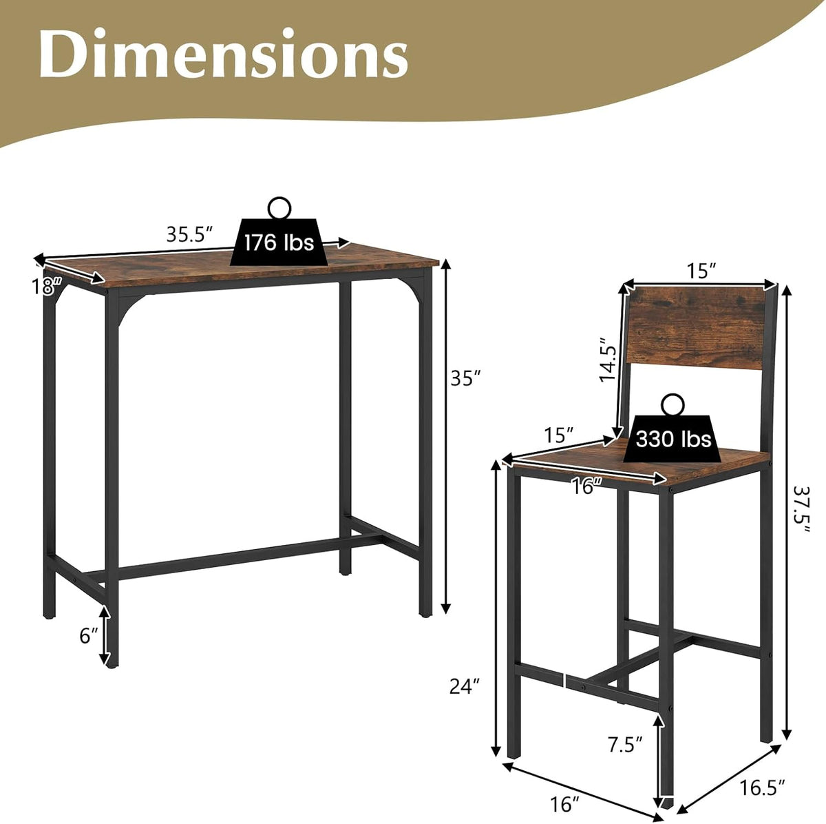 3‑Piece Industrial Counter‑Height Bar Set
