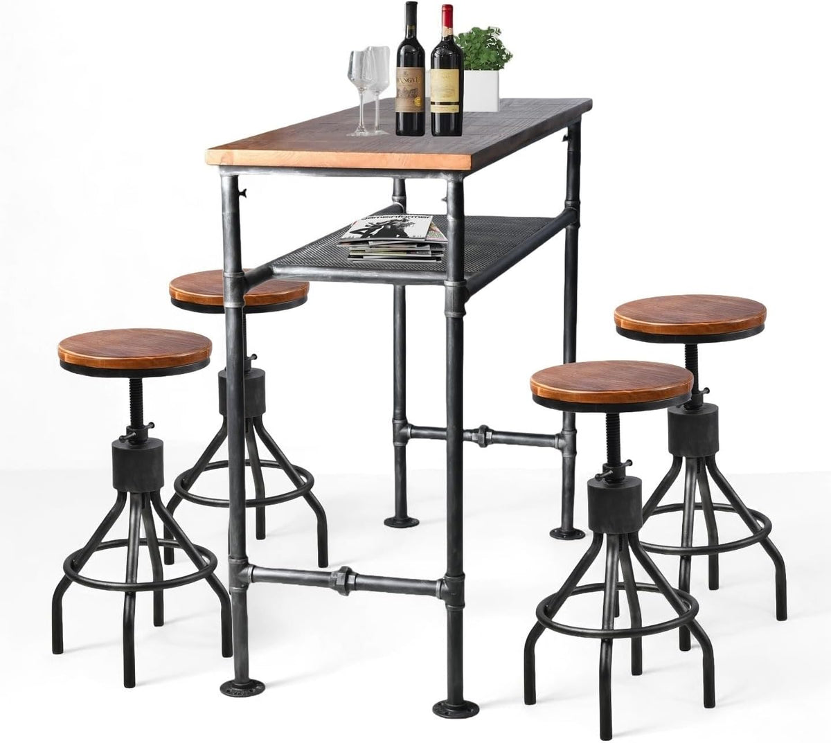 Industrial Wood‑Metal Bar Table With Four Stools