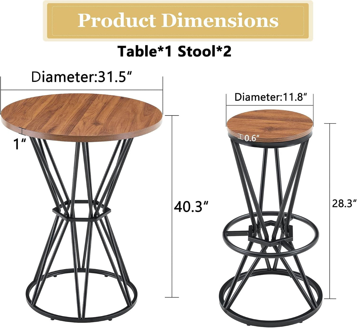 Round Industrial Bar Table With Two Chairs