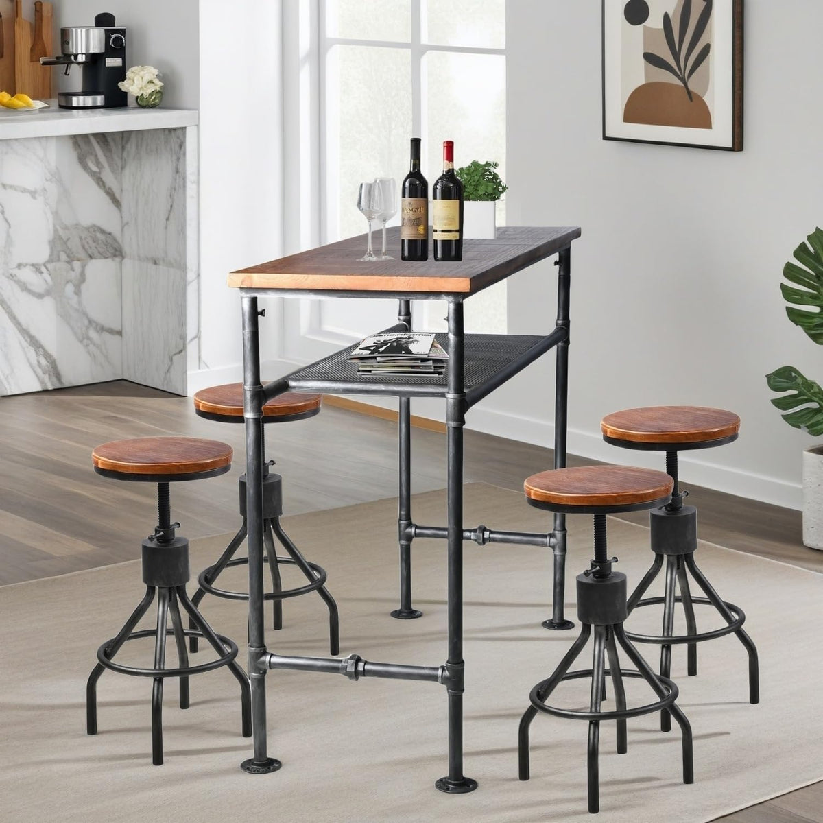 Industrial Wood‑Metal Bar Table With Four Stools