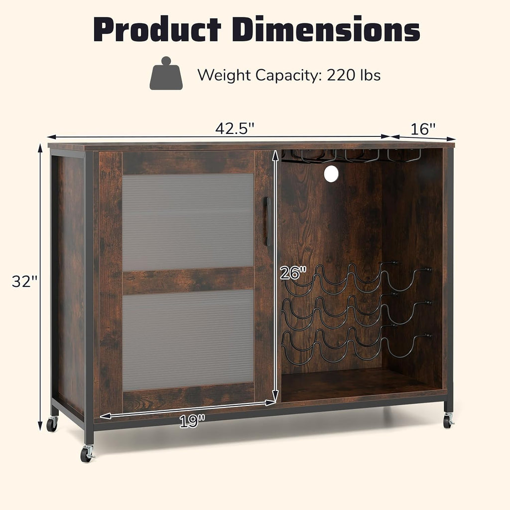 Industrial Wine Bar Cabinet With LED Lights & Storage