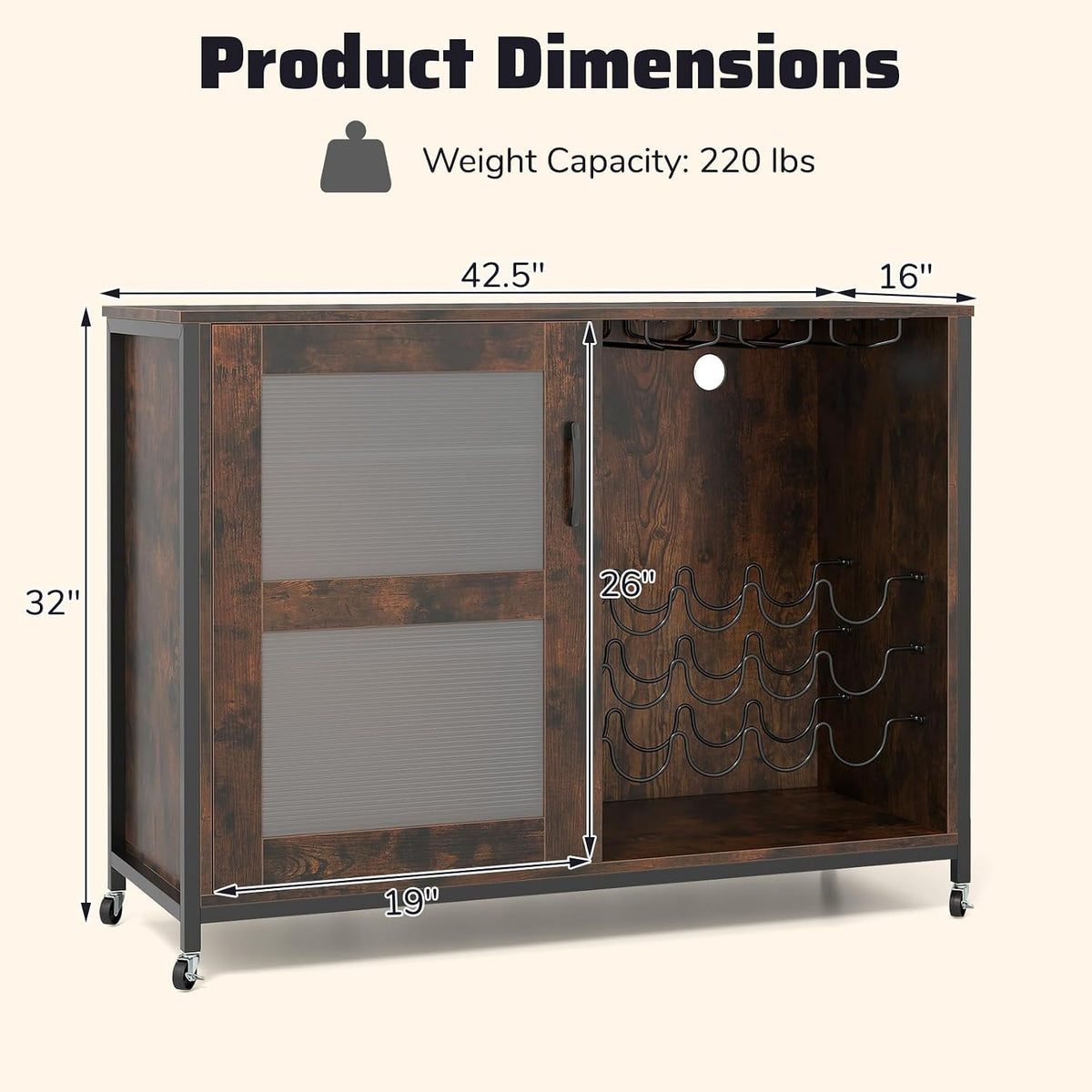 Industrial Wine Bar Cabinet With LED Lights & Storage