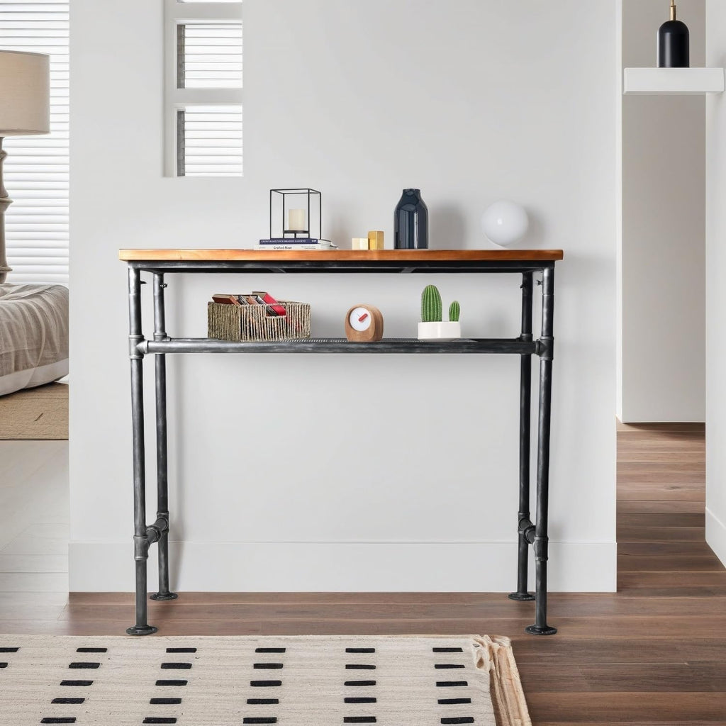 Industrial Wood‑Metal Bar Table With Four Stools