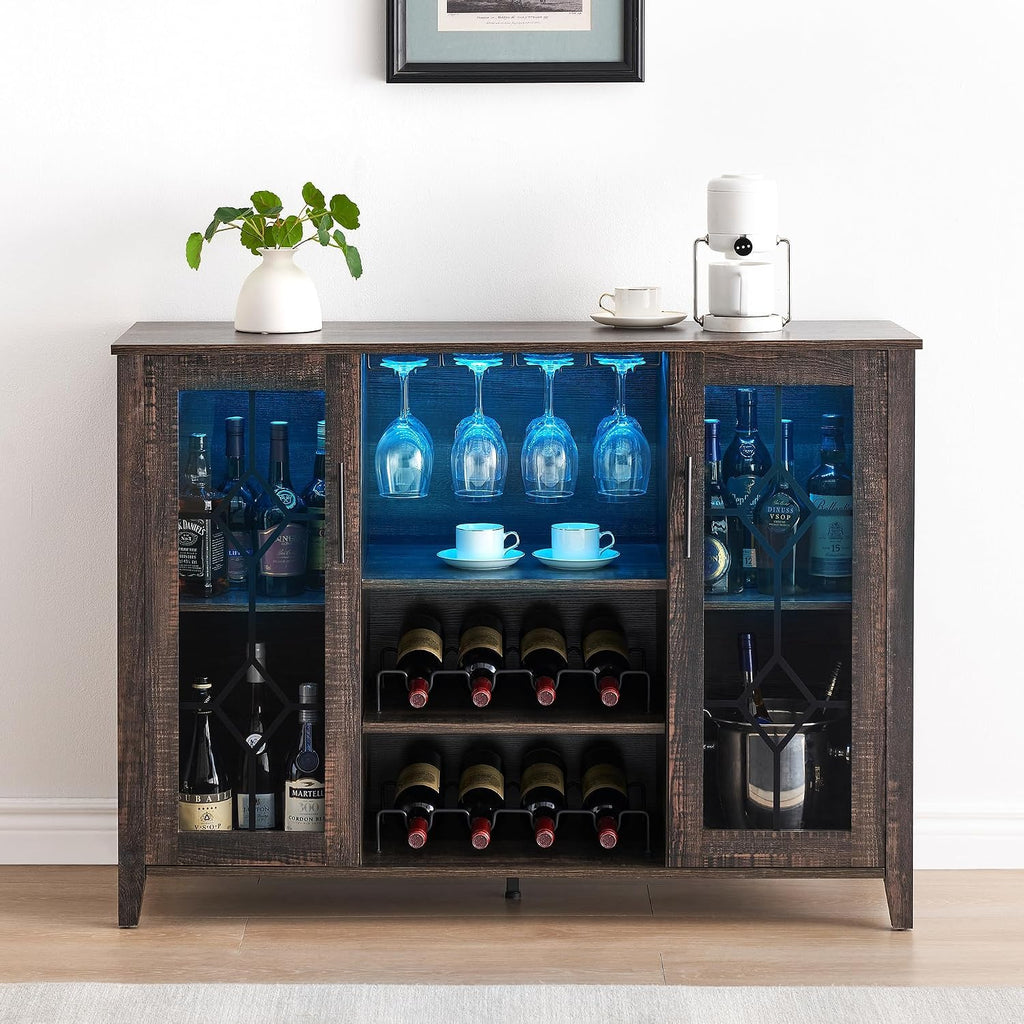 LED‑Lit Rustic Wine Coffee Bar Storage Cabinet