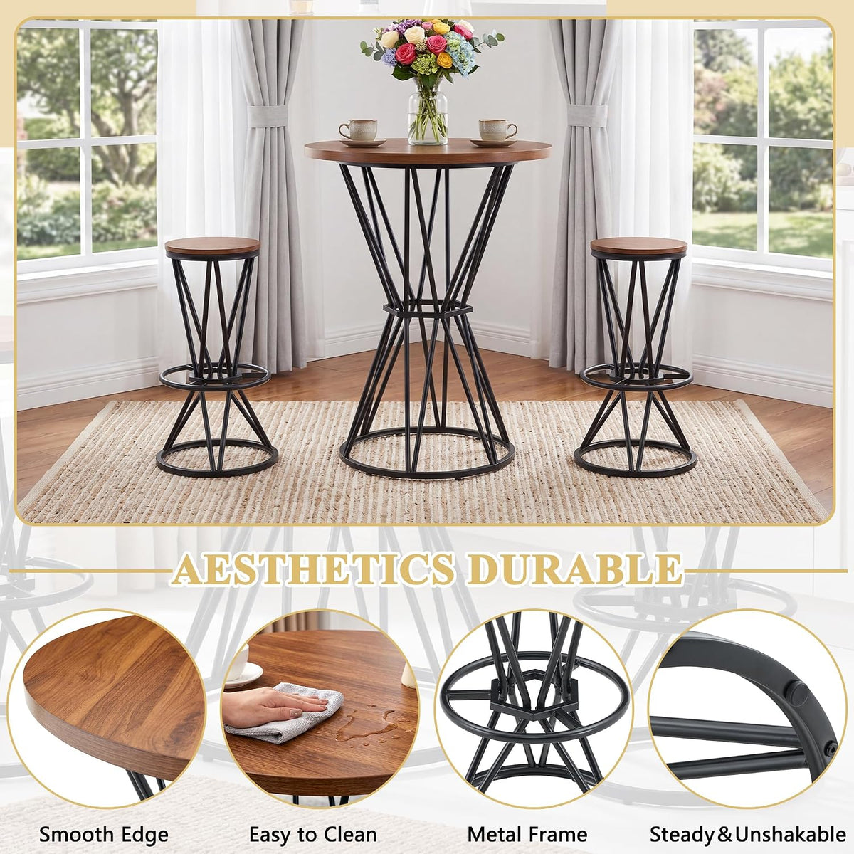 Round Industrial Bar Table With Two Chairs