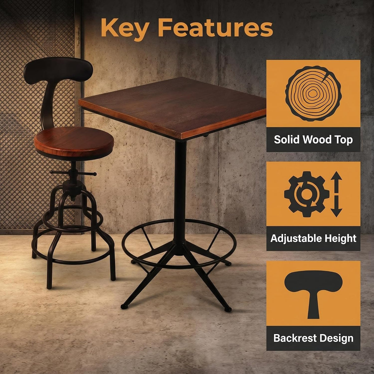 3‑Piece Industrial Square Pub Table Stool Set