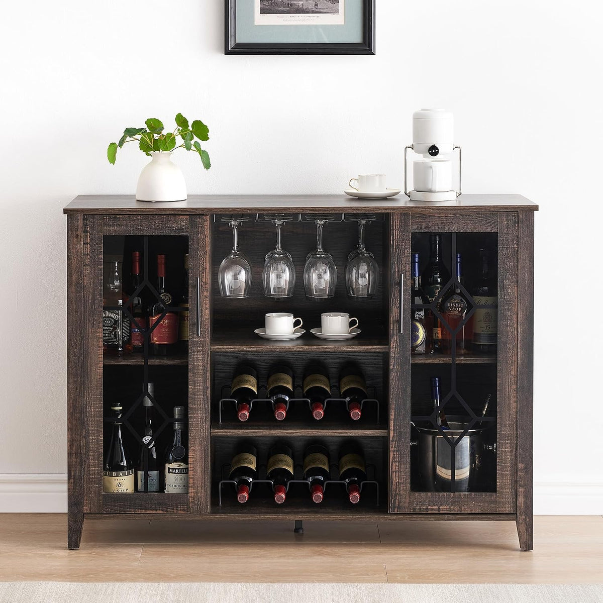 LED‑Lit Rustic Wine Coffee Bar Storage Cabinet
