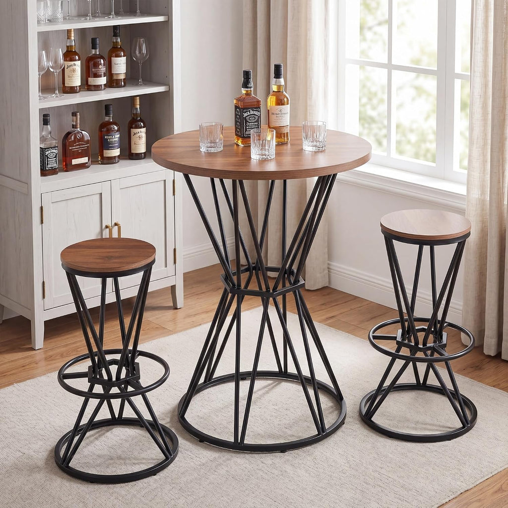 Round Industrial Bar Table With Two Chairs