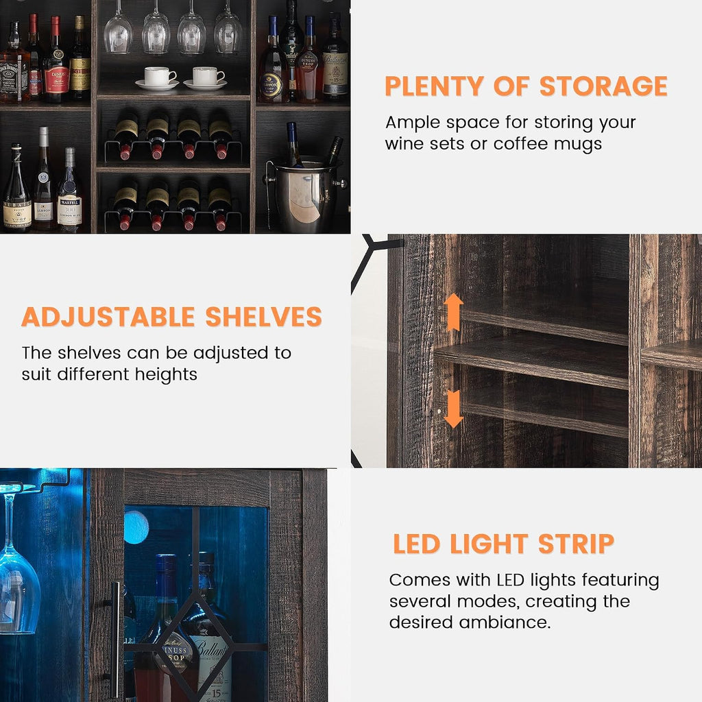 LED‑Lit Rustic Wine Coffee Bar Storage Cabinet