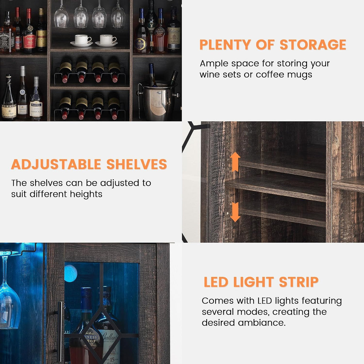 LED‑Lit Rustic Wine Coffee Bar Storage Cabinet