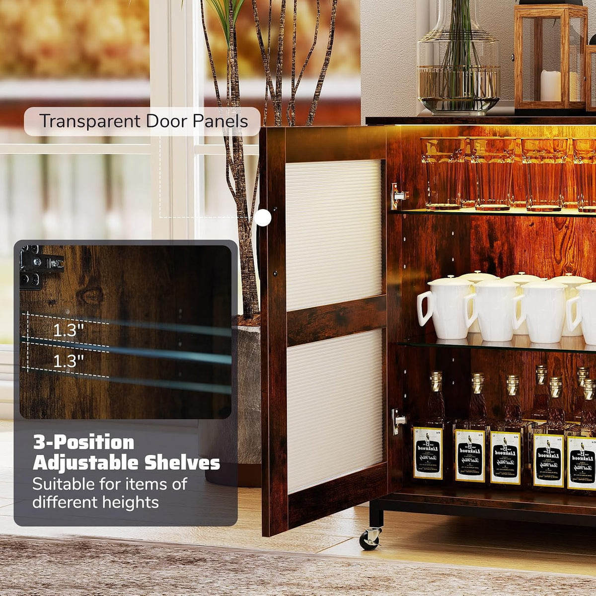 Industrial Wine Bar Cabinet With LED Lights & Storage