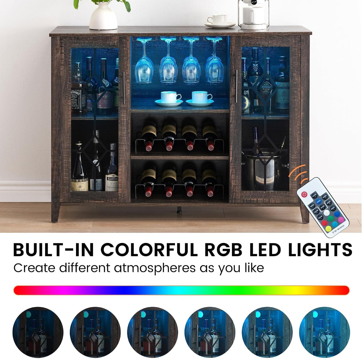 LED‑Lit Rustic Wine Coffee Bar Storage Cabinet