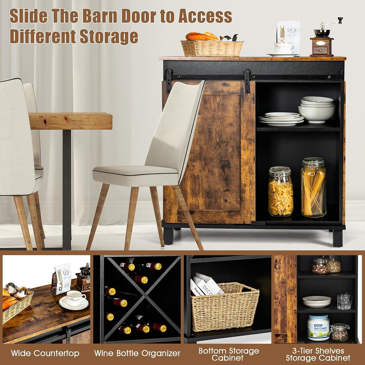 Industrial Sliding‑Door Wine Coffee Storage Cabinet