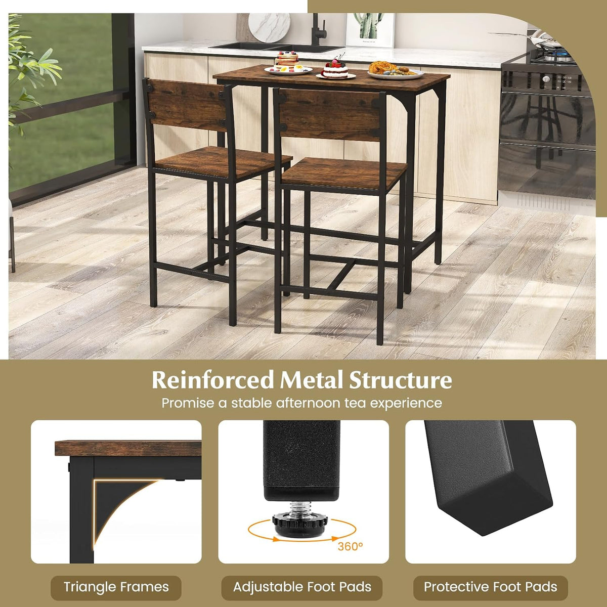 3‑Piece Industrial Counter‑Height Bar Set
