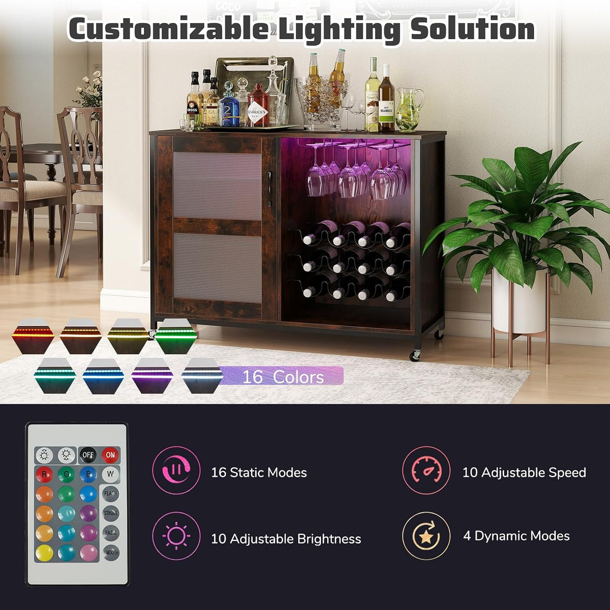 Industrial Wine Bar Cabinet With LED Lights & Storage