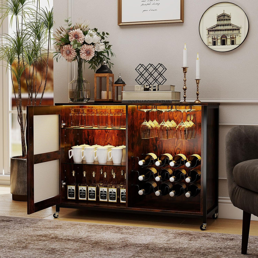 Industrial Wine Bar Cabinet With LED Lights & Storage
