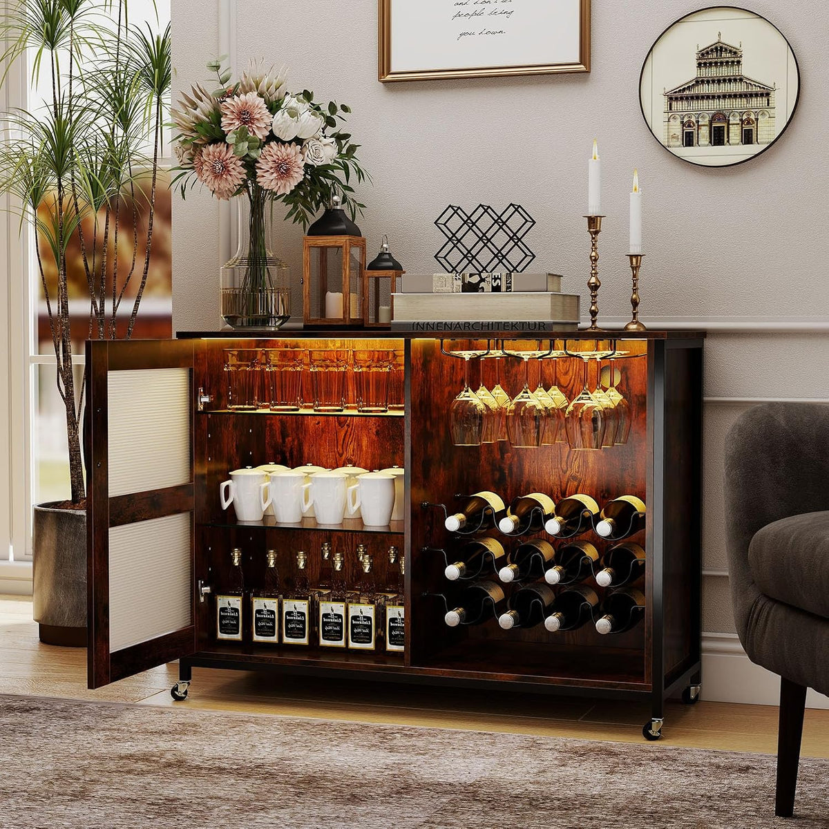 Industrial Wine Bar Cabinet With LED Lights & Storage
