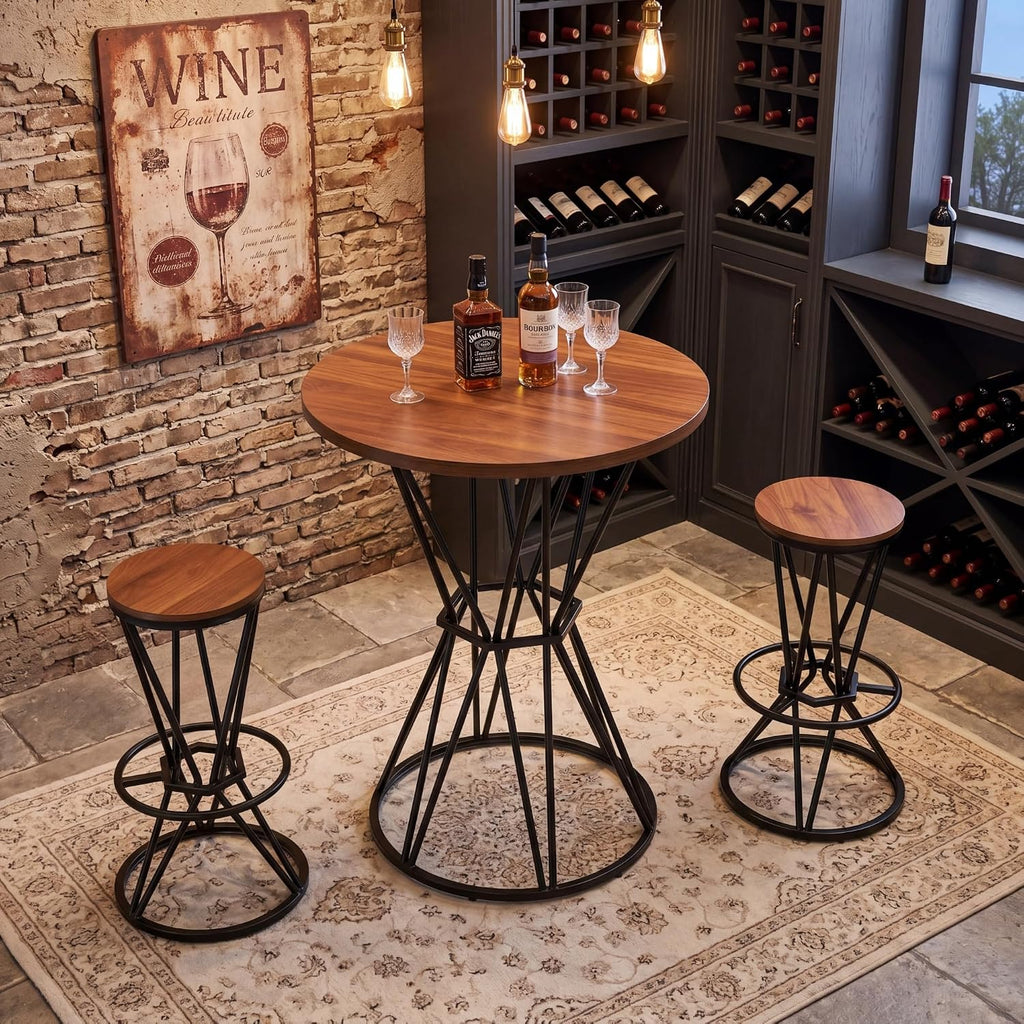 Round Industrial Bar Table With Two Chairs